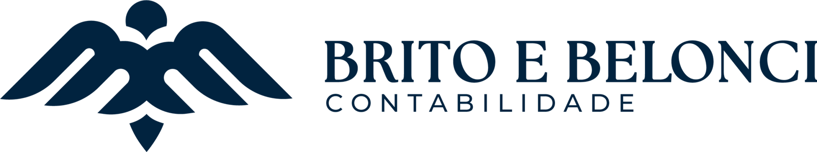 Logotipo horizontal da Brito & Belonci Contabilidade, com símbolo azul escuro em forma de figura estilizada ao lado do nome da empresa, transmitindo solidez, confiança e profissionalismo em serviços contábeis.
