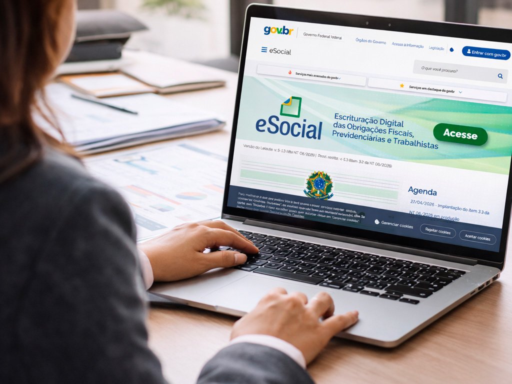 Acesso ao sistema eSocial 2026 em notebook no escritório contábil, com profissional analisando obrigações fiscais e trabalhistas.